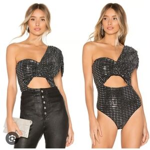 NWT h:ours Debra Black Sequin One Shoulder Bodysuit